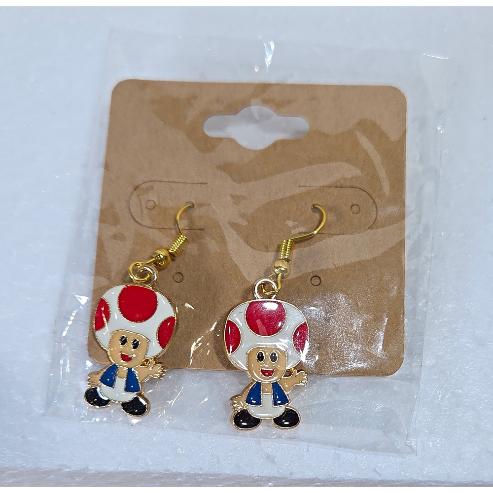 Cartoon Video Game Character Dangle Hook Earrings Enamel Gold Tone Pair